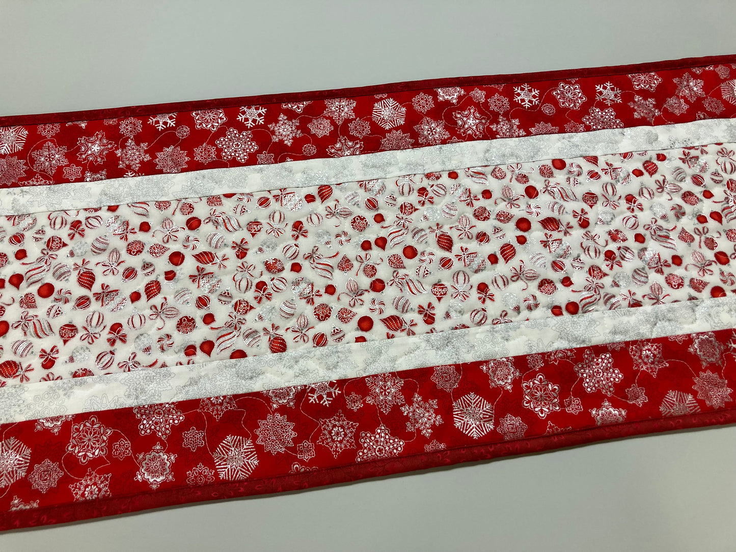 Red Silver Christmas Ornaments Quilted Dining Table Runner, 13x48", Winter Holiday Coffee End Table, Dresser Scarf Reversible Spring Green