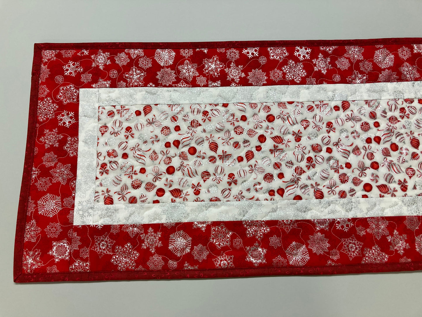 Red Silver Christmas Ornaments Quilted Dining Table Runner, 13x48", Winter Holiday Coffee End Table, Dresser Scarf Reversible Spring Green