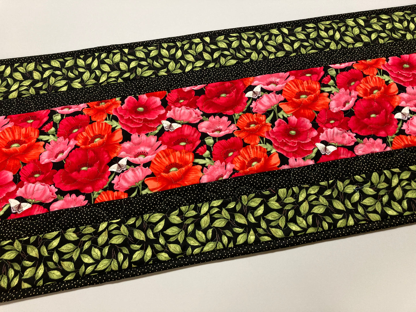 Red Poppies Green Leaves Garden Quilted Table Runner, Pink Butterflies Flowers, 13x48", Reversible Coffee Dining Table, Summer Handmade