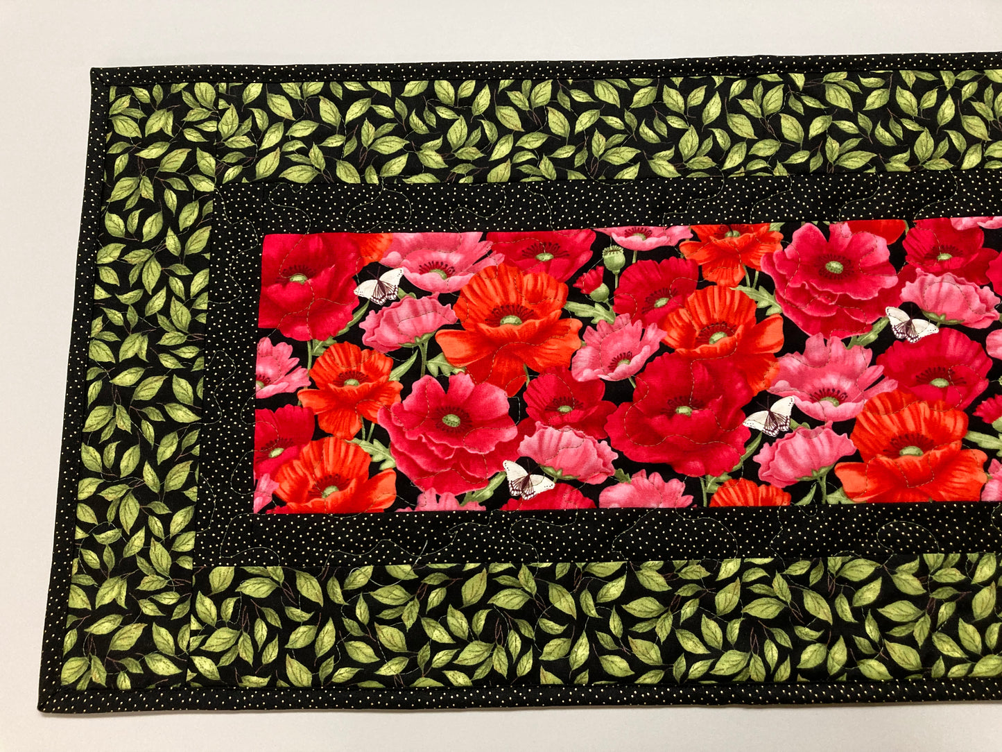 Red Poppies Green Leaves Garden Quilted Table Runner, Pink Butterflies Flowers, 13x48", Reversible Coffee Dining Table, Summer Handmade