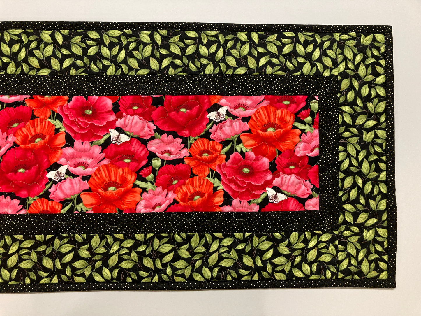 Red Poppies Green Leaves Garden Quilted Table Runner, Pink Butterflies Flowers, 13x48", Reversible Coffee Dining Table, Summer Handmade