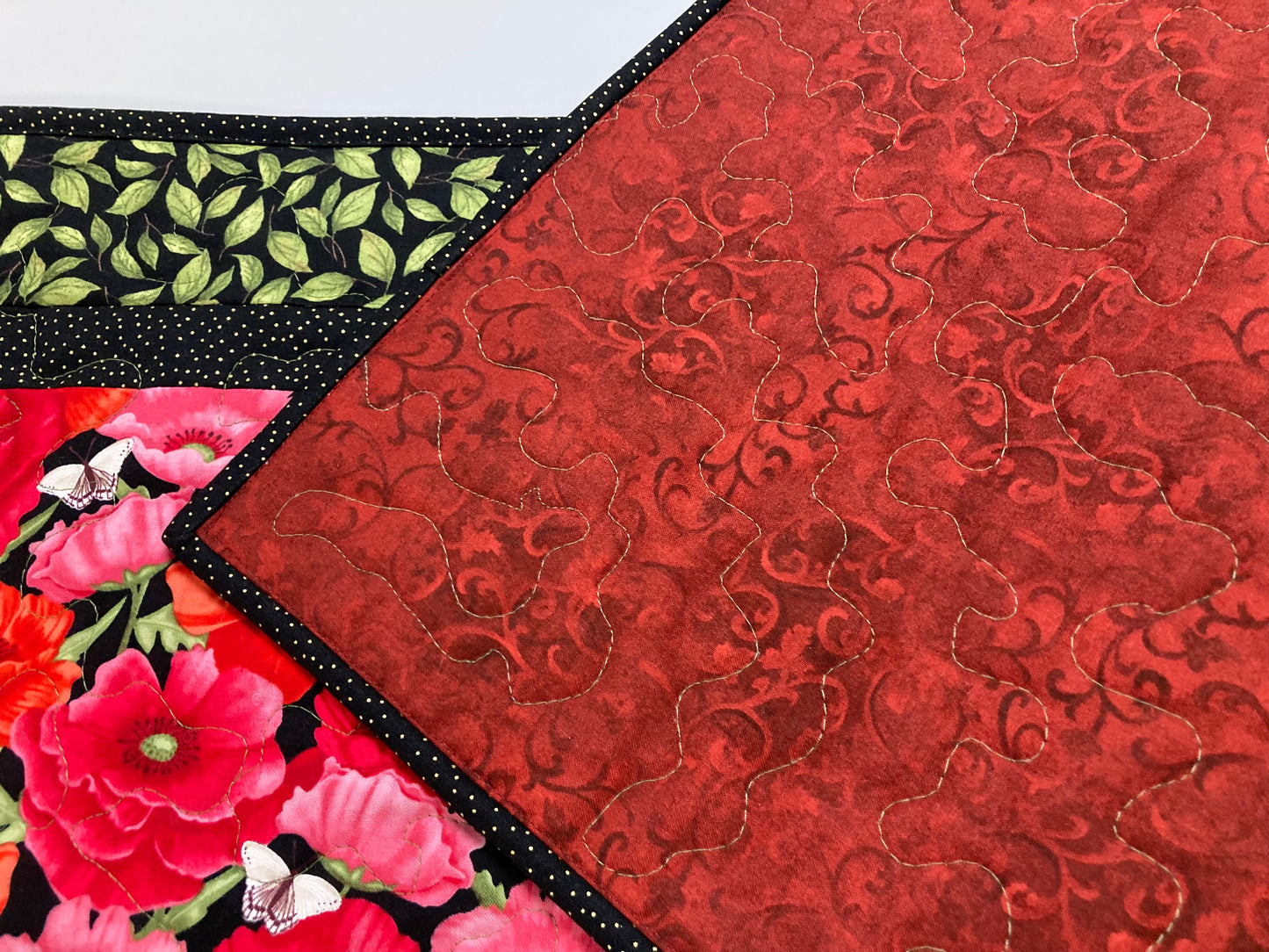 Red Poppies Green Leaves Garden Quilted Table Runner, Pink Butterflies Flowers, 13x48", Reversible Coffee Dining Table, Summer Handmade