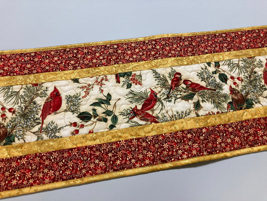 Red Cardinals Quilted Dining Table Runner, 13x48" Reversible, Winter Bright Red Gold, Coffee End Table, Birds Branches Handmade Christmas