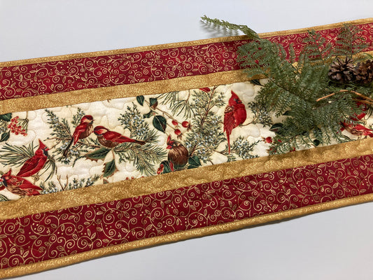 Red Cardinals Quilted Dining Table Runner, 13x48" Reversible Spring, Winter Home Decor, Coffee End Table, Birds Branches Handmade Christmas