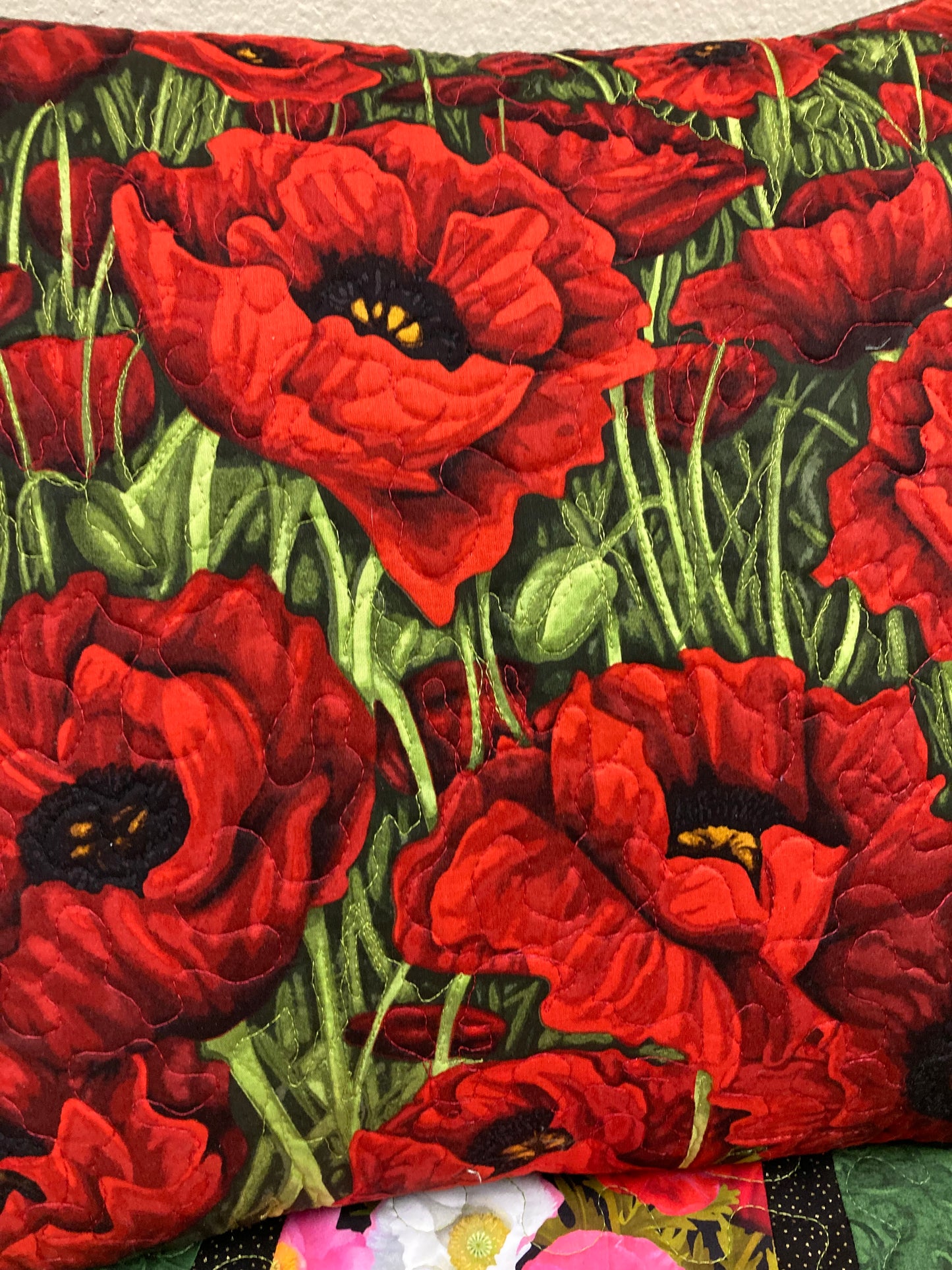 Red Poppy Quilted Fabric Art Pillow, Textile 18x18", Sofa Chair Bedroom Living Room Couch Designer Chic Red Bright Poppies Toss Throw Pillow