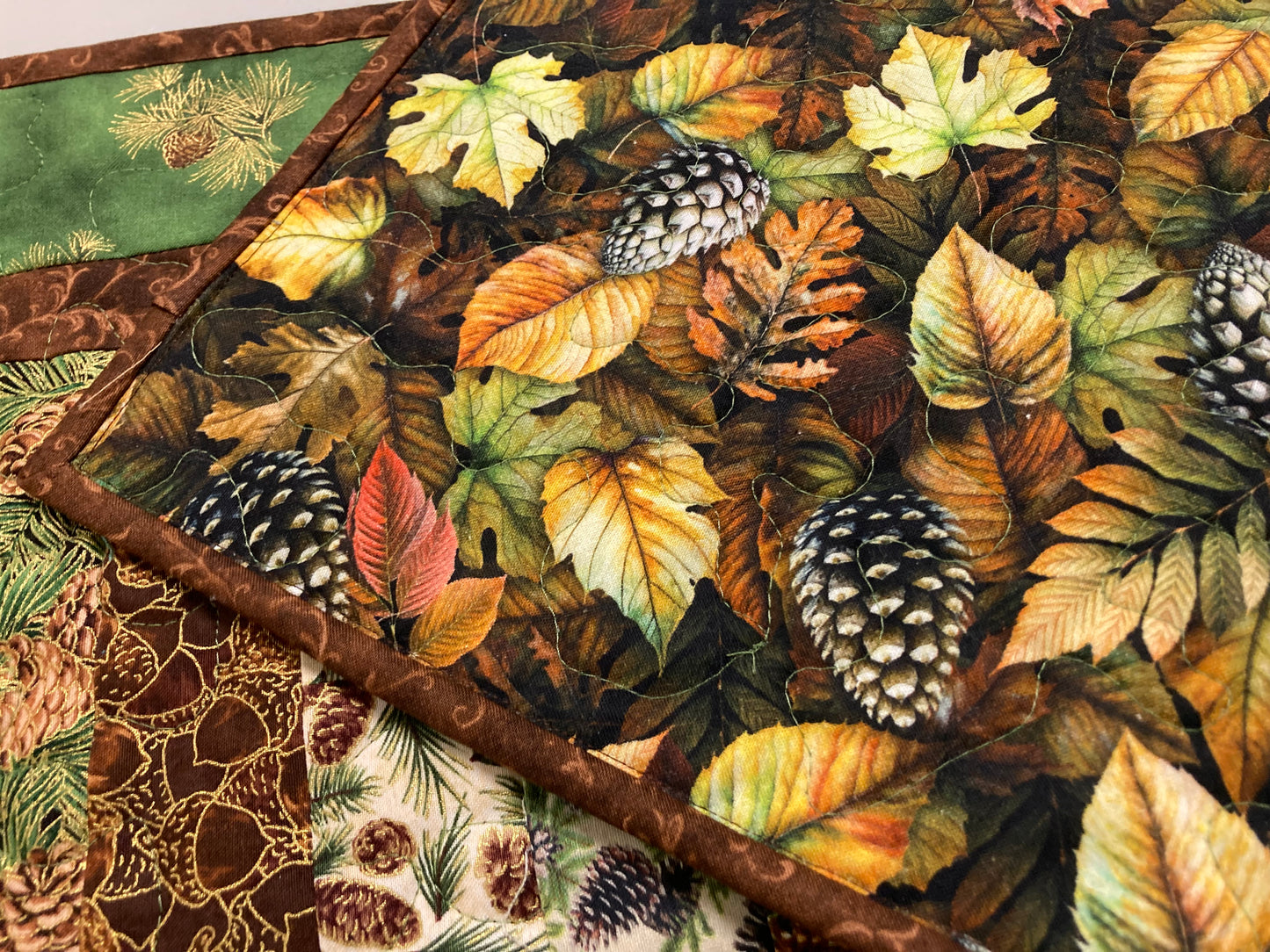 Pine Cones and Acorns Rustic Table Runner, Quilted Reversible Summer Long Wide, 13x60", Dining Coffee End Table Decor Mountain Cabin Woods