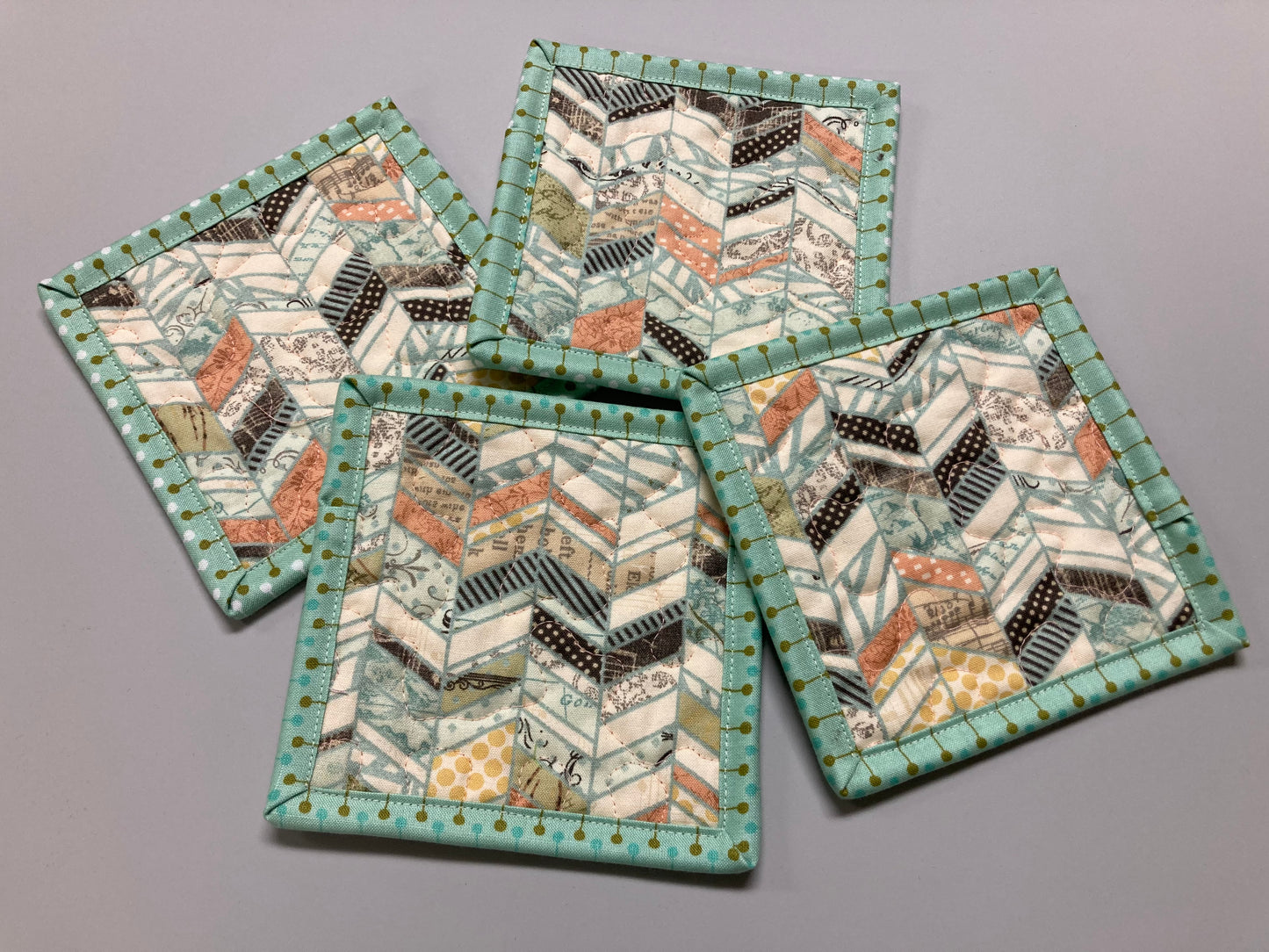 Fabric Coasters Drink Mats, 5x5" Pastel Chevron Boho Peach Mint Green, Hot Cold Coffee Tea, Minimalist Teacher Stocking Hostess Gift Large