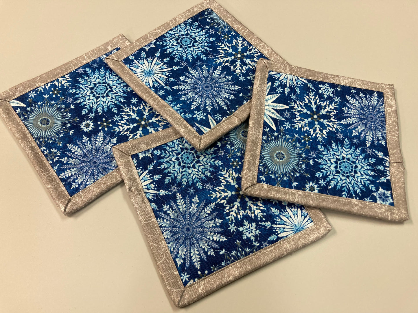 Christmas Snowflakes Hanukkah Fabric Quilted Coasters, 5x5" Drink Mats, Blue White, Hot Cold Coffee Tea, Washable Handmade Stocking Gift