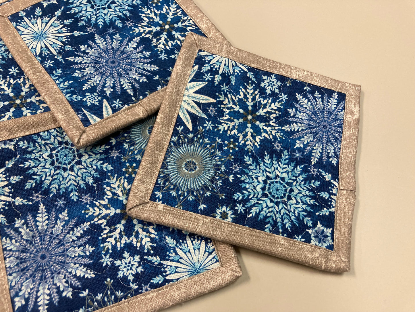 Christmas Snowflakes Hanukkah Fabric Quilted Coasters, 5x5" Drink Mats, Blue White, Hot Cold Coffee Tea, Washable Handmade Stocking Gift