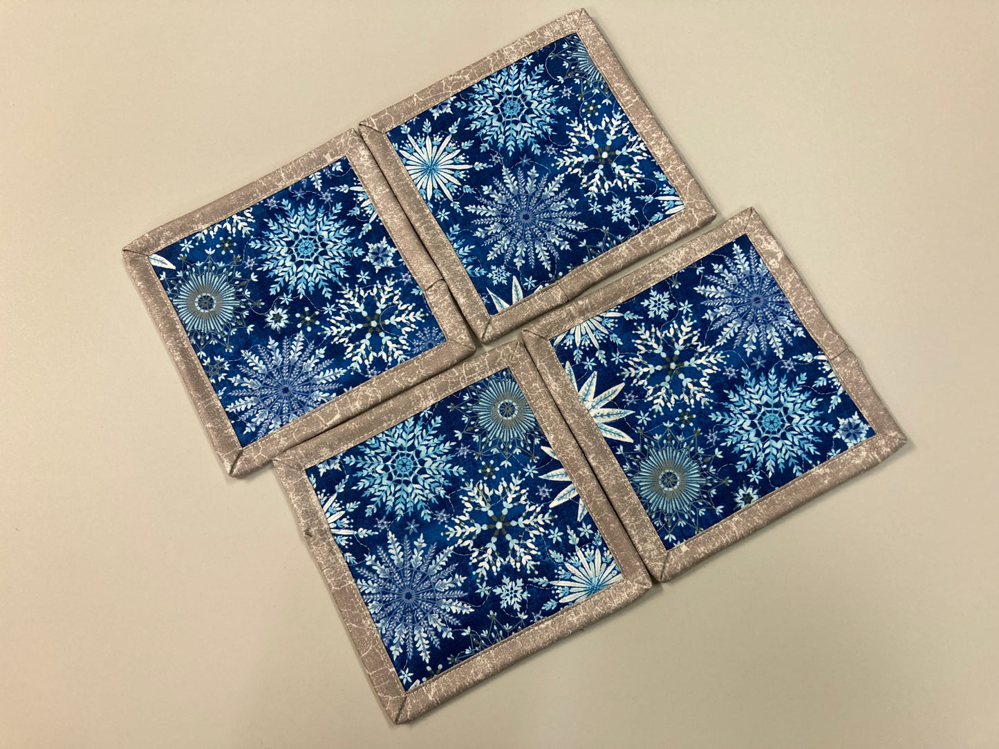 Christmas Snowflakes Hanukkah Fabric Quilted Coasters, 5x5" Drink Mats, Blue White, Hot Cold Coffee Tea, Washable Handmade Stocking Gift