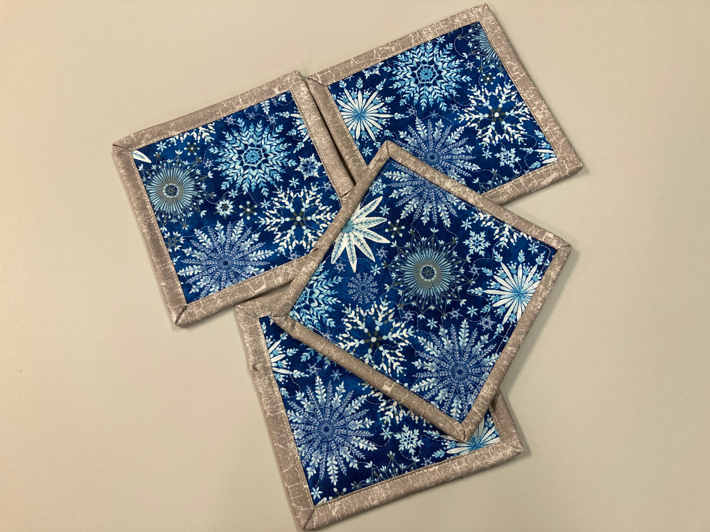 Christmas Snowflakes Hanukkah Fabric Quilted Coasters, 5x5" Drink Mats, Blue White, Hot Cold Coffee Tea, Washable Handmade Stocking Gift