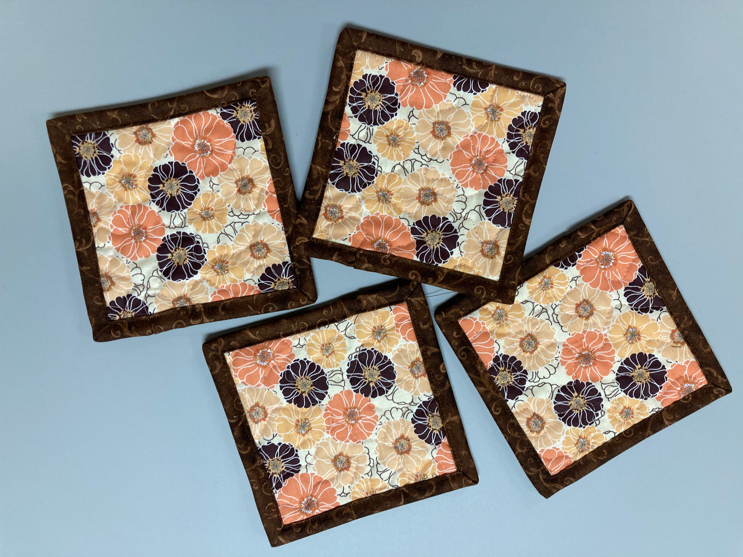 Fabric Coasters Drink Mats 5x5" Peach Brown Retro Flowers, Hot Cold Coffee Tea, Teacher Stocking Hostess Gift Handmade Quilted Snack Mug Rug