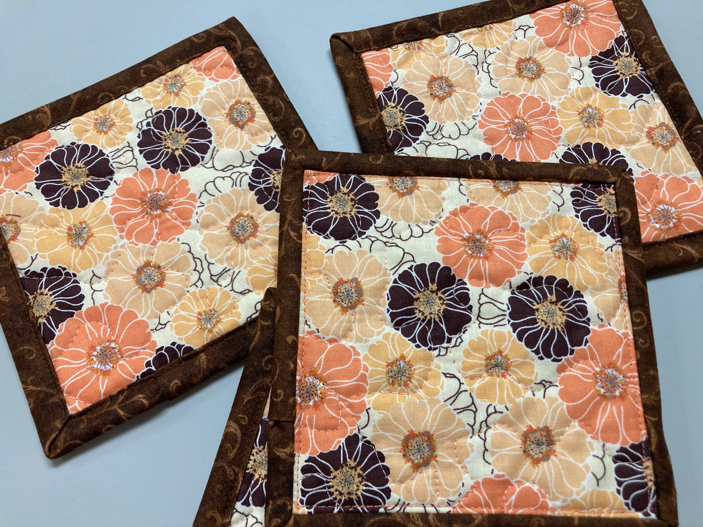 Fabric Coasters Drink Mats 5x5" Peach Brown Retro Flowers, Hot Cold Coffee Tea, Teacher Stocking Hostess Gift Handmade Quilted Snack Mug Rug