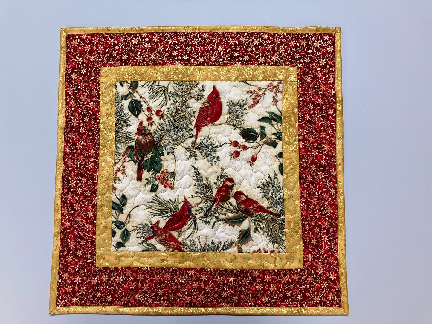 Red Cardinals Christmas Flowers Quilted Table Topper, Large Square, Wall Hanging, 18x18" Winter Holiday Table Decor, Bird Nature Handmade