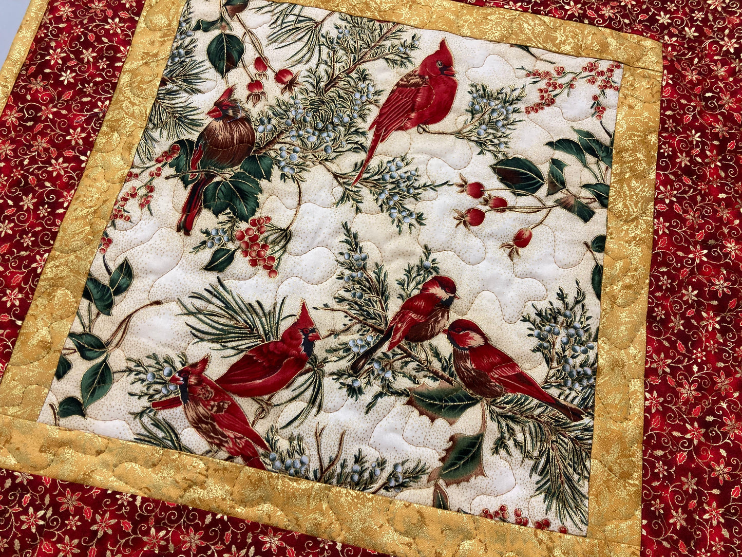 Red Cardinals Christmas Flowers Quilted Table Topper, Large Square, Wall Hanging, 18x18" Winter Holiday Table Decor, Bird Nature Handmade