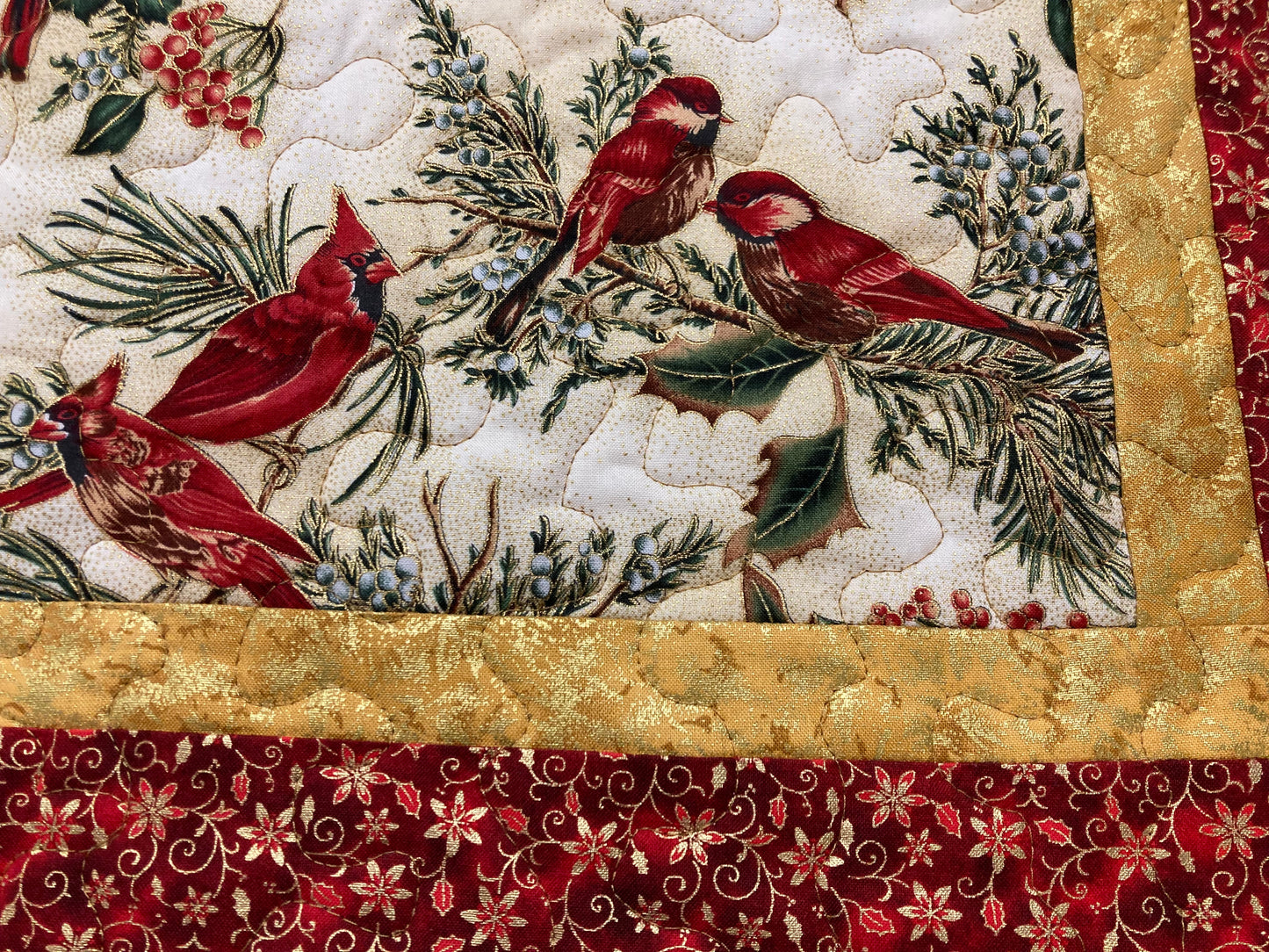 Red Cardinals Christmas Flowers Quilted Table Topper, Large Square, Wall Hanging, 18x18" Winter Holiday Table Decor, Bird Nature Handmade