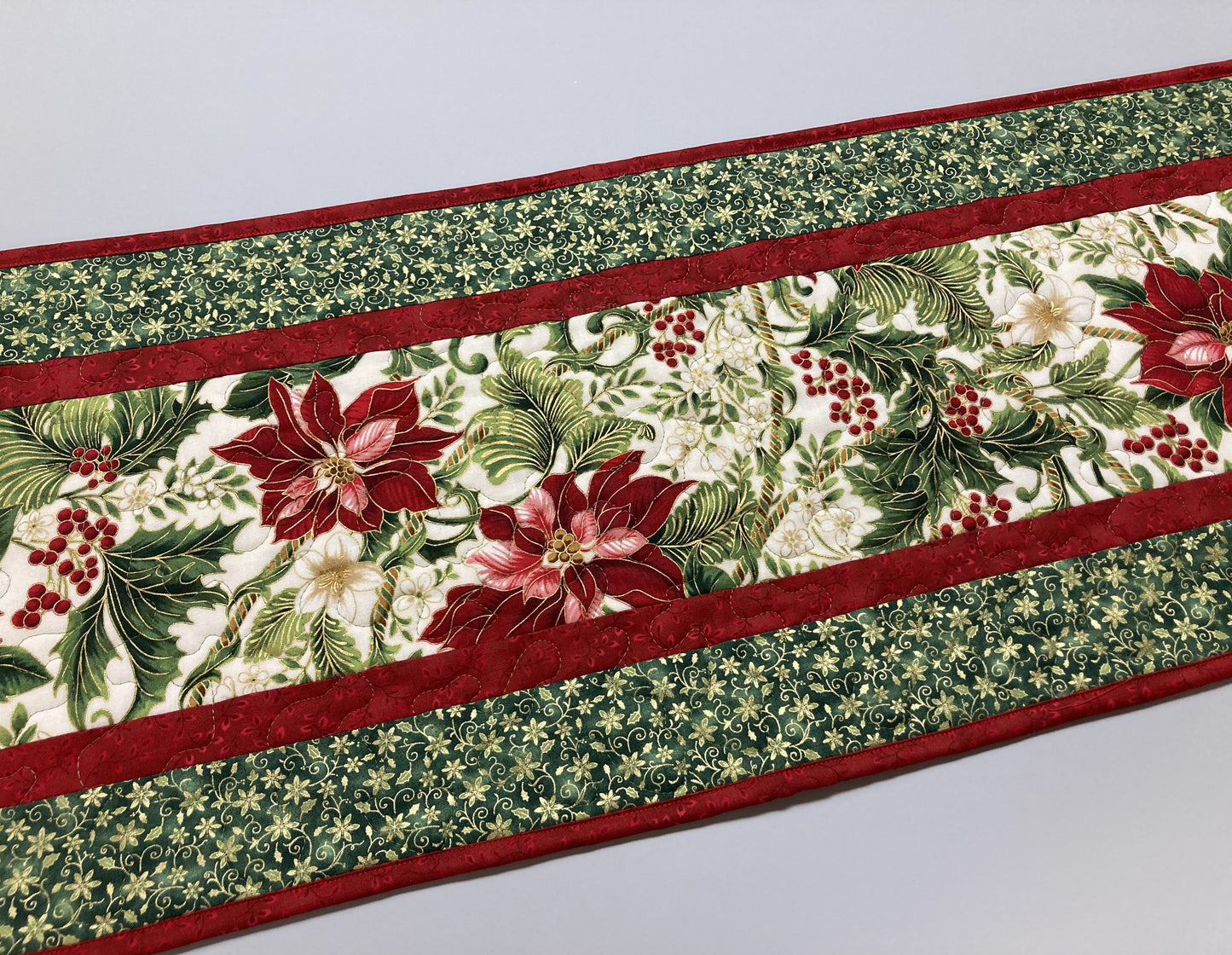 Christmas Quilted Table Runner Red Poinsettias and Holly, Reversible Cotton, Winter Holiday Dining Coffee Long Table Decor 14x48" Handmade