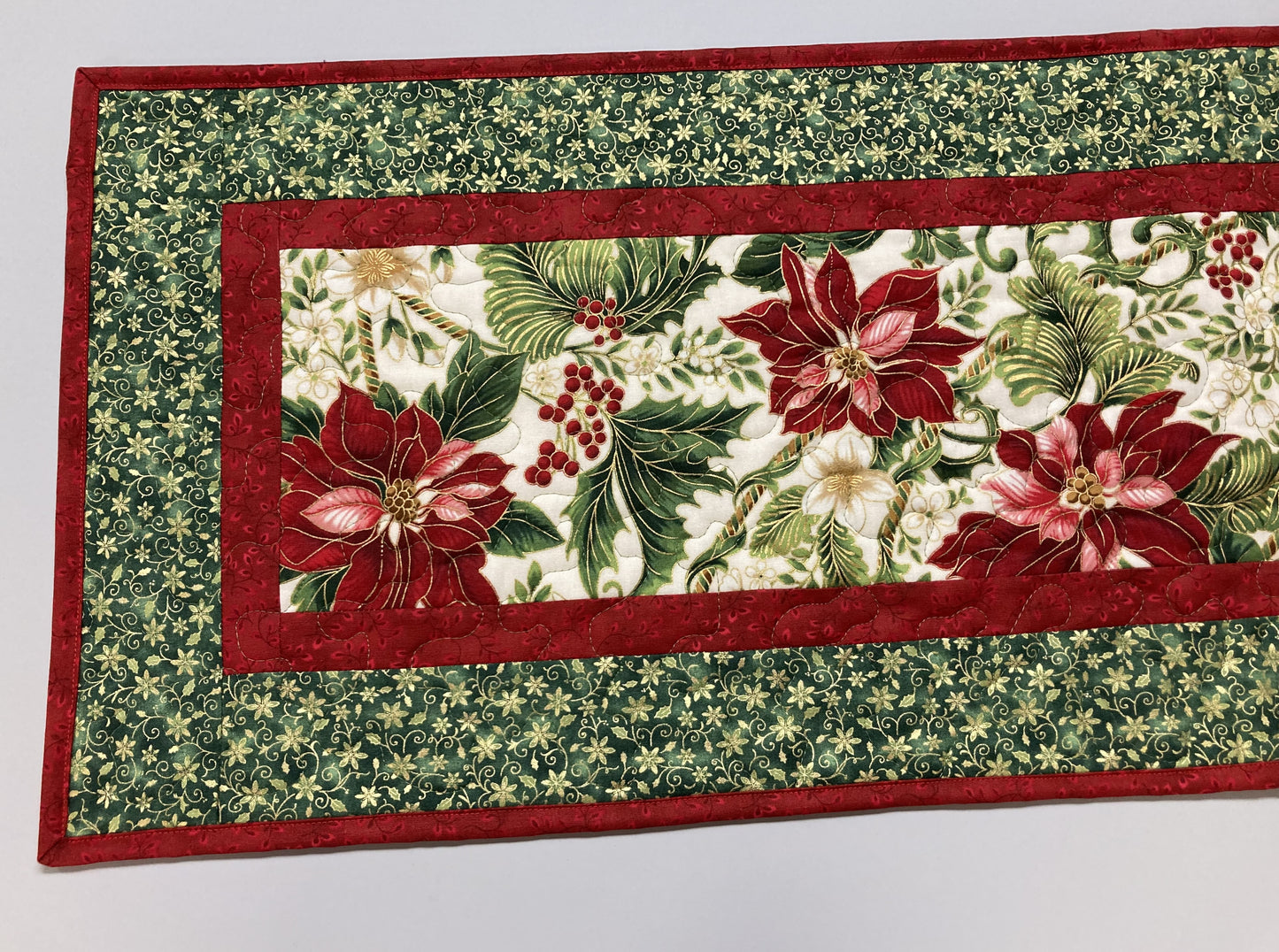 Christmas Quilted Table Runner Red Poinsettias and Holly, Reversible Cotton, Winter Holiday Dining Coffee Long Table Decor 14x48" Handmade