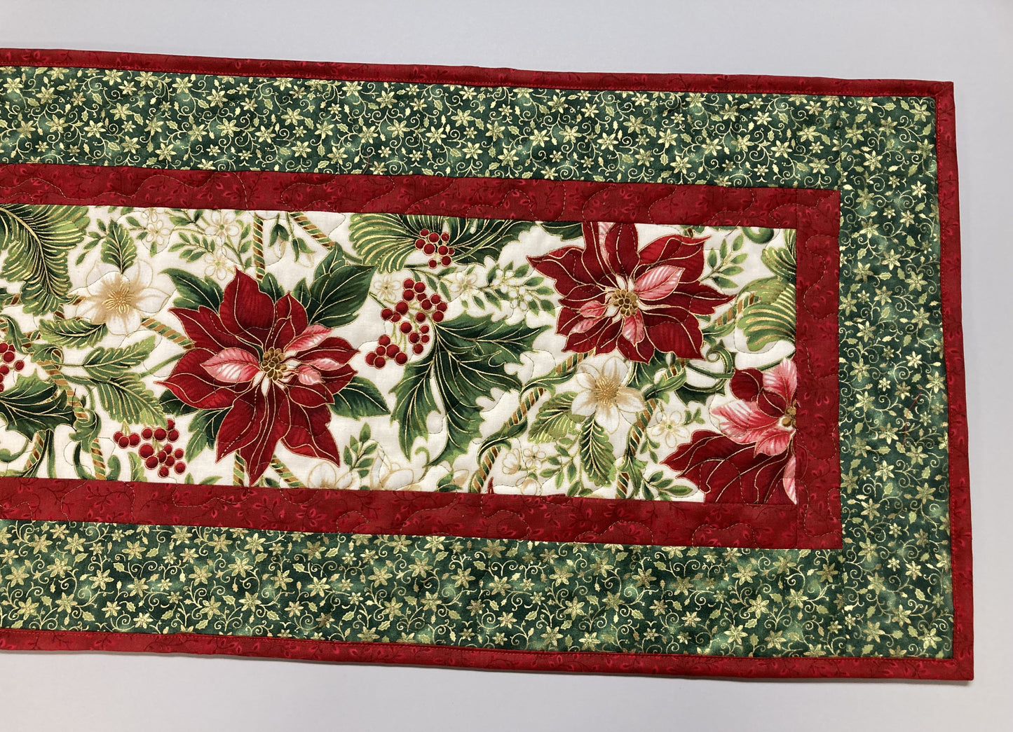 Christmas Quilted Table Runner Red Poinsettias and Holly, Reversible Cotton, Winter Holiday Dining Coffee Long Table Decor 14x48" Handmade