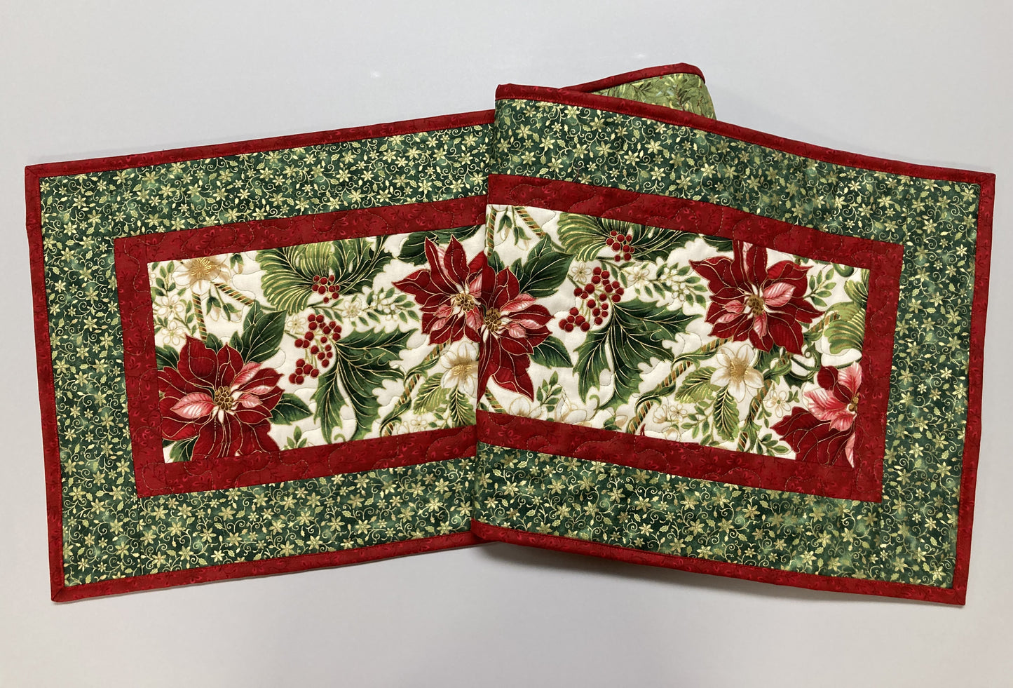 Christmas Quilted Table Runner Red Poinsettias and Holly, Reversible Cotton, Winter Holiday Dining Coffee Long Table Decor 14x48" Handmade