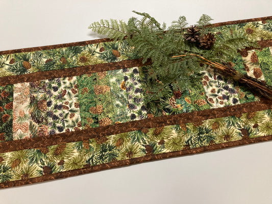 Pine Cones and Acorns Rustic Table Runner, Quilted Reversible Summer Long Wide, 13x50", Dining Coffee End Table Decor Mountain Cabin Woods