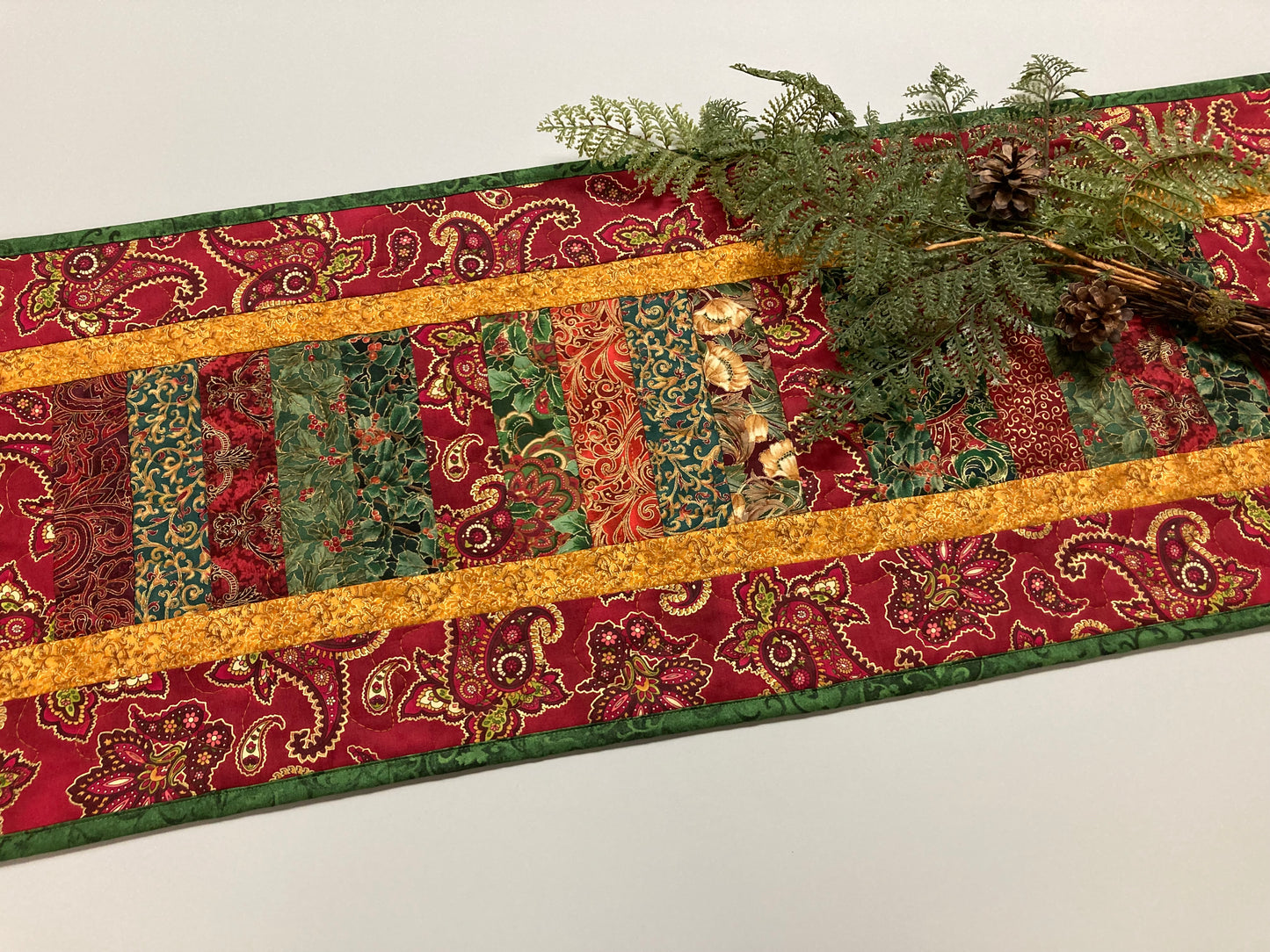 Christmas Dining Table Runner, Paisley Red Green Holiday, 14x48", Elegant Traditional Winter Reversible, Long Quilted Artistic Handmade