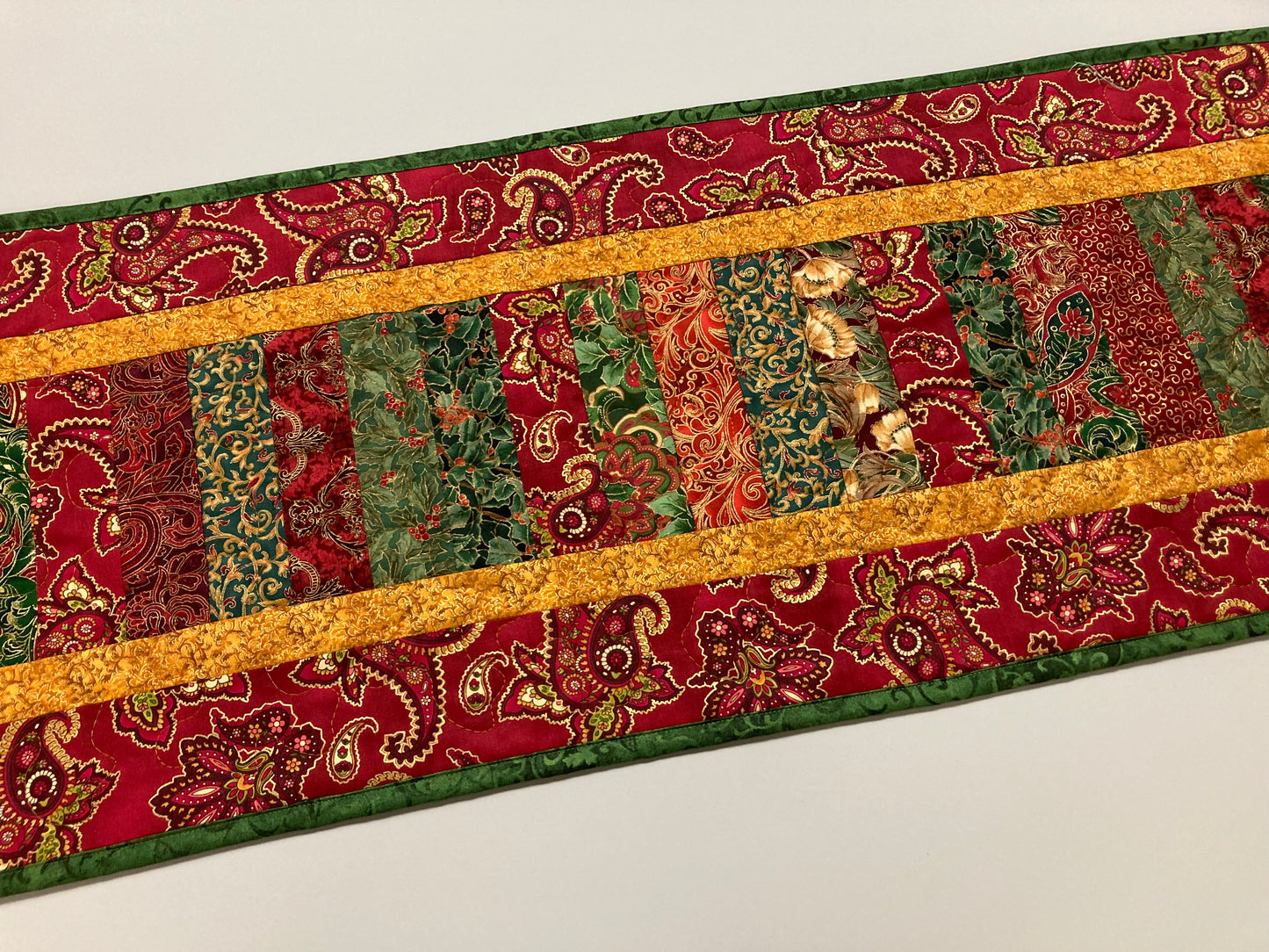 Christmas Dining Table Runner, Paisley Red Green Holiday, 14x48", Elegant Traditional Winter Reversible, Long Quilted Artistic Handmade