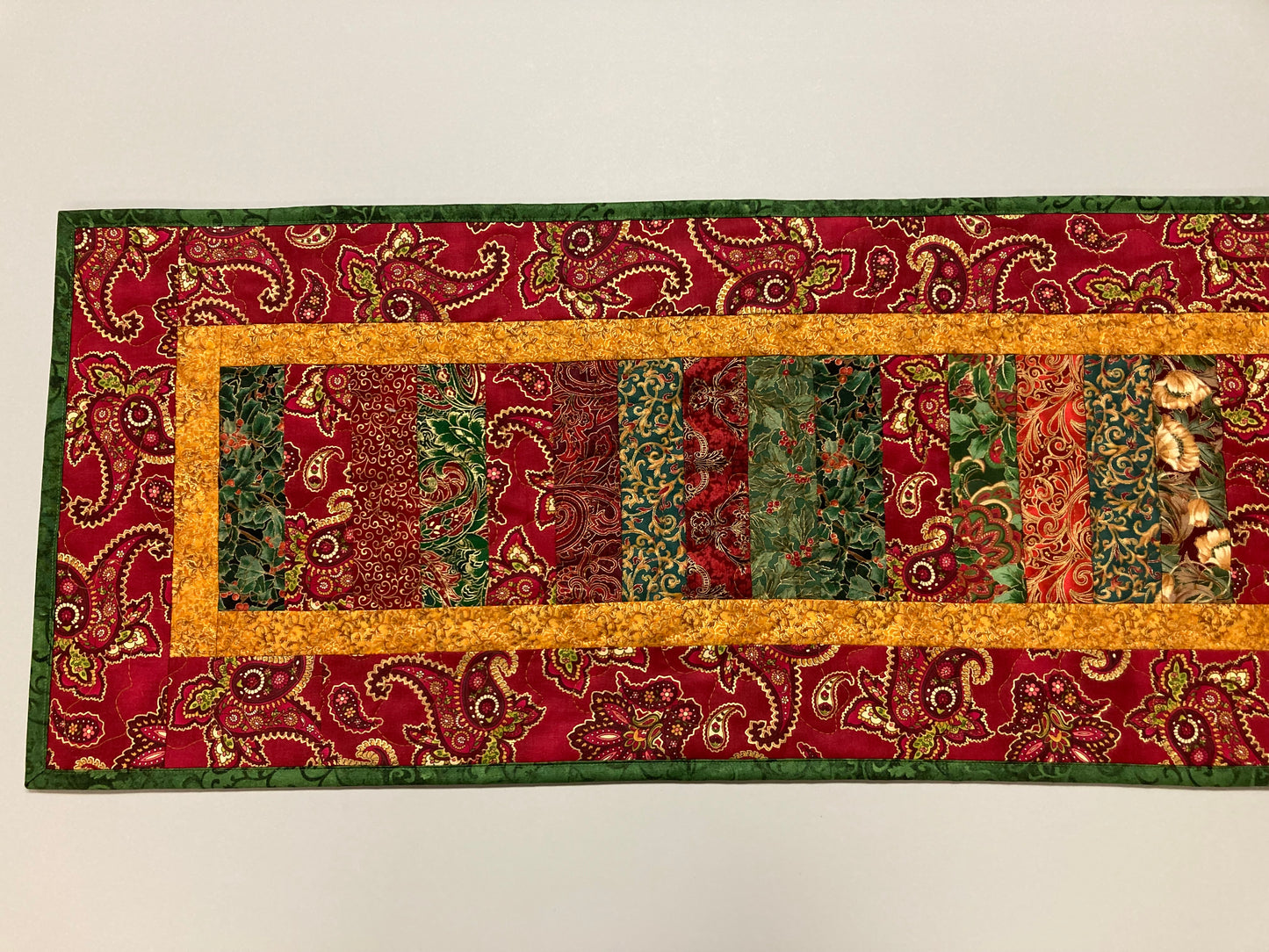 Christmas Dining Table Runner, Paisley Red Green Holiday, 14x48", Elegant Traditional Winter Reversible, Long Quilted Artistic Handmade