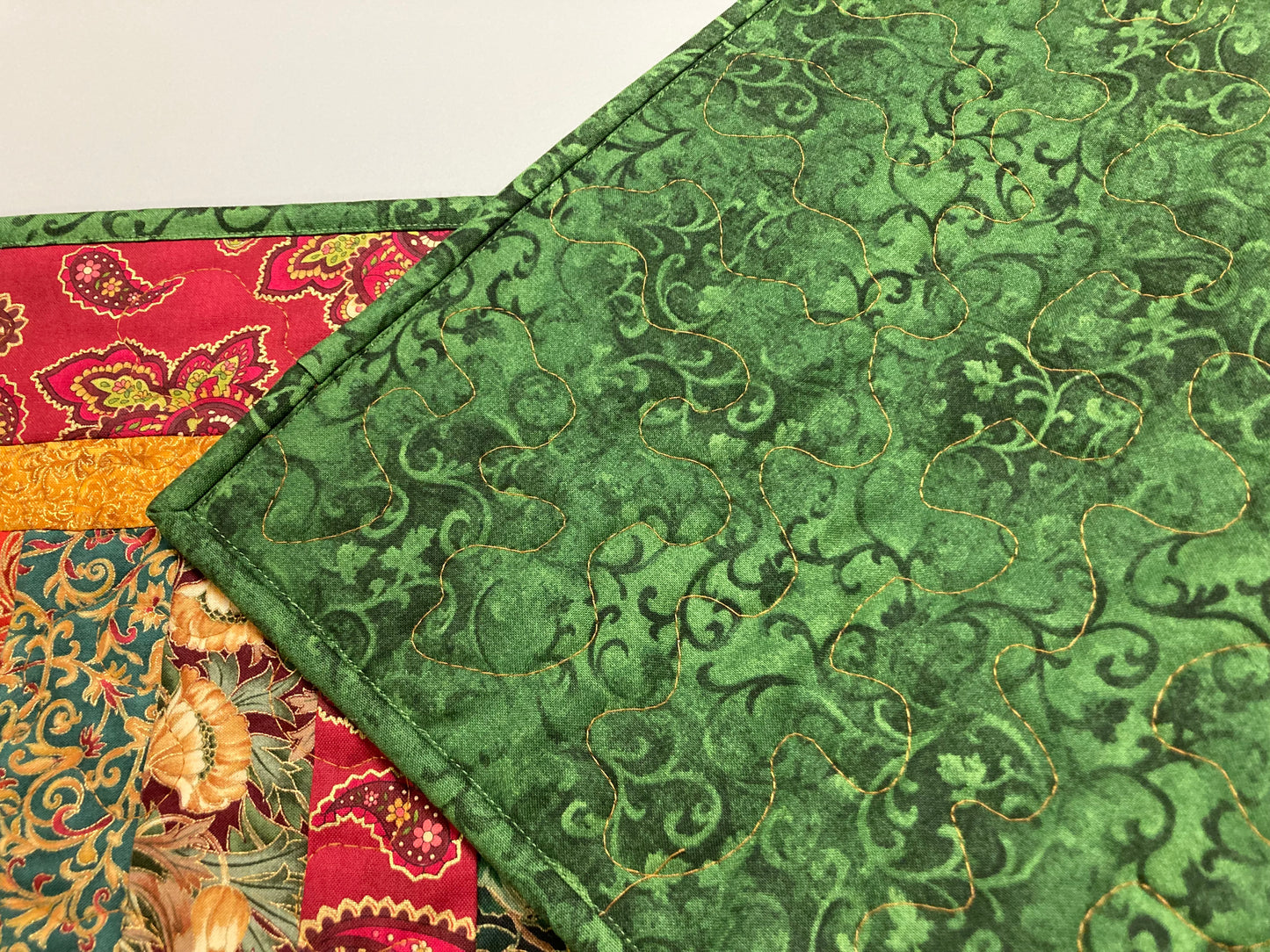 Christmas Dining Table Runner, Paisley Red Green Holiday, 14x48", Elegant Traditional Winter Reversible, Long Quilted Artistic Handmade