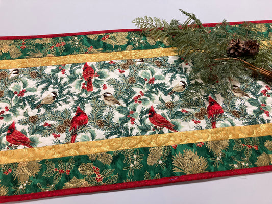 Christmas Chickadees and Red Cardinals 16x48" Quilted Dining Table Runner, Reversible Fall, Winter Holiday Coffee Table, Bird Tree Handmade