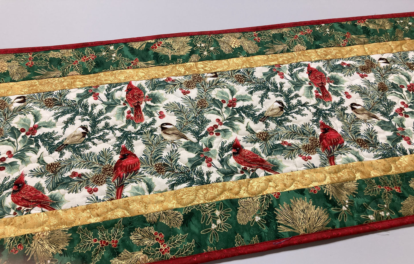 Christmas Chickadees and Red Cardinals 16x48" Quilted Dining Table Runner, Reversible Fall, Winter Holiday Coffee Table, Bird Tree Handmade