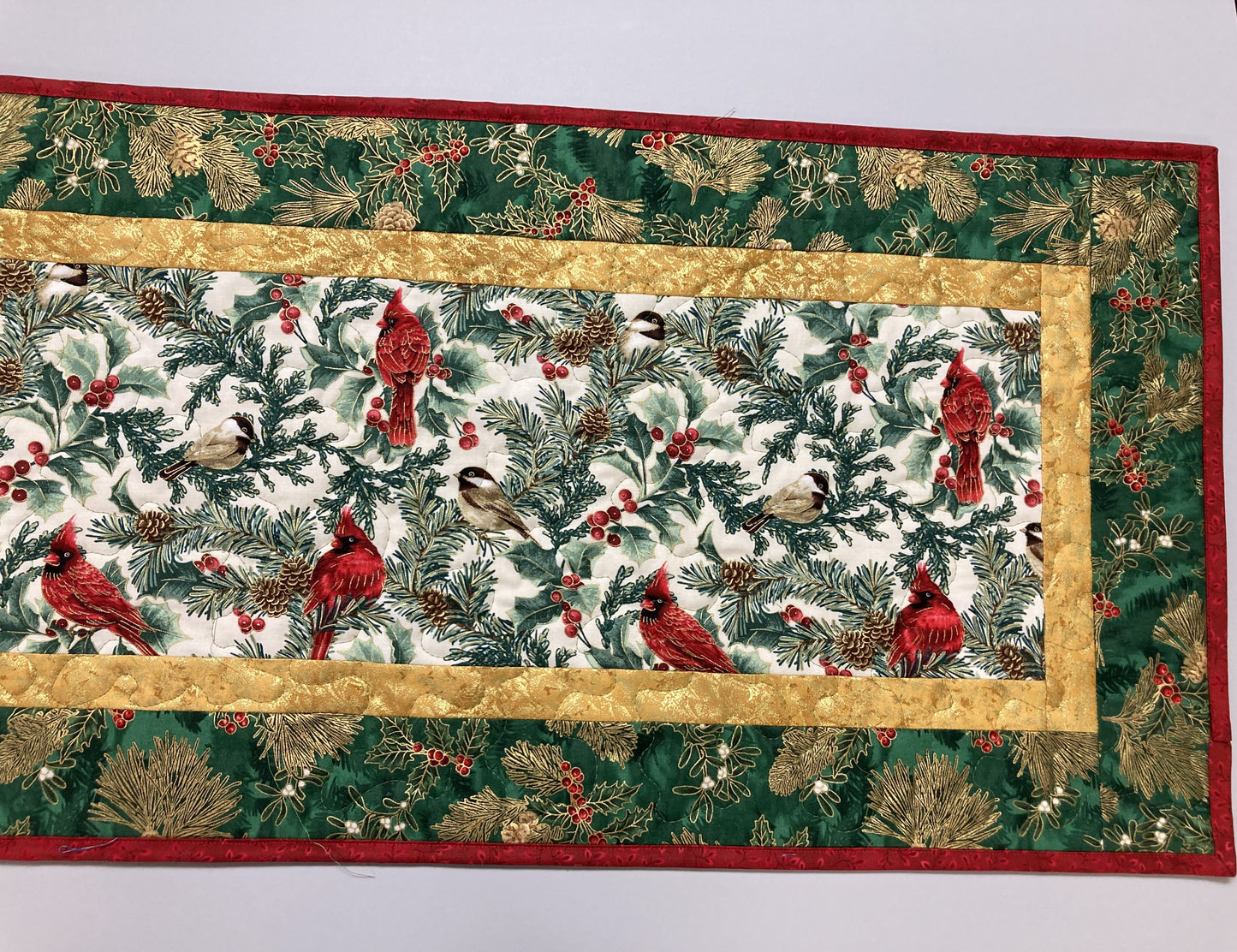 Christmas Chickadees and Red Cardinals 16x48" Quilted Dining Table Runner, Reversible Fall, Winter Holiday Coffee Table, Bird Tree Handmade