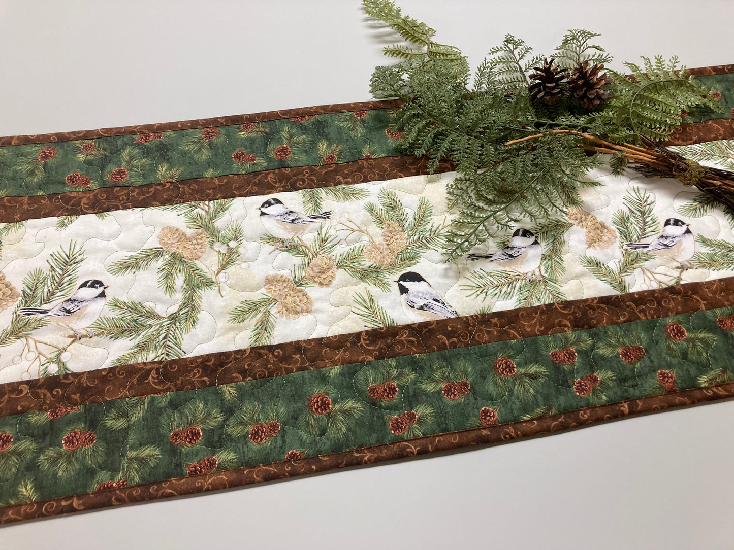 Pine Cone Mountain Chickadees Quilted Table Runner, 13x48", Reversible Fall Birds Buffet Coffee Dining Table Decor Winter Christmas Everyday