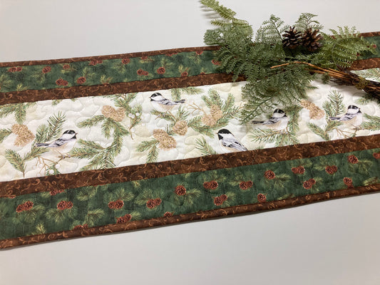 Pine Cone Mountain Chickadees Quilted Table Runner, 13x48", Reversible Fall Birds Buffet Coffee Dining Table Decor Winter Christmas Everyday