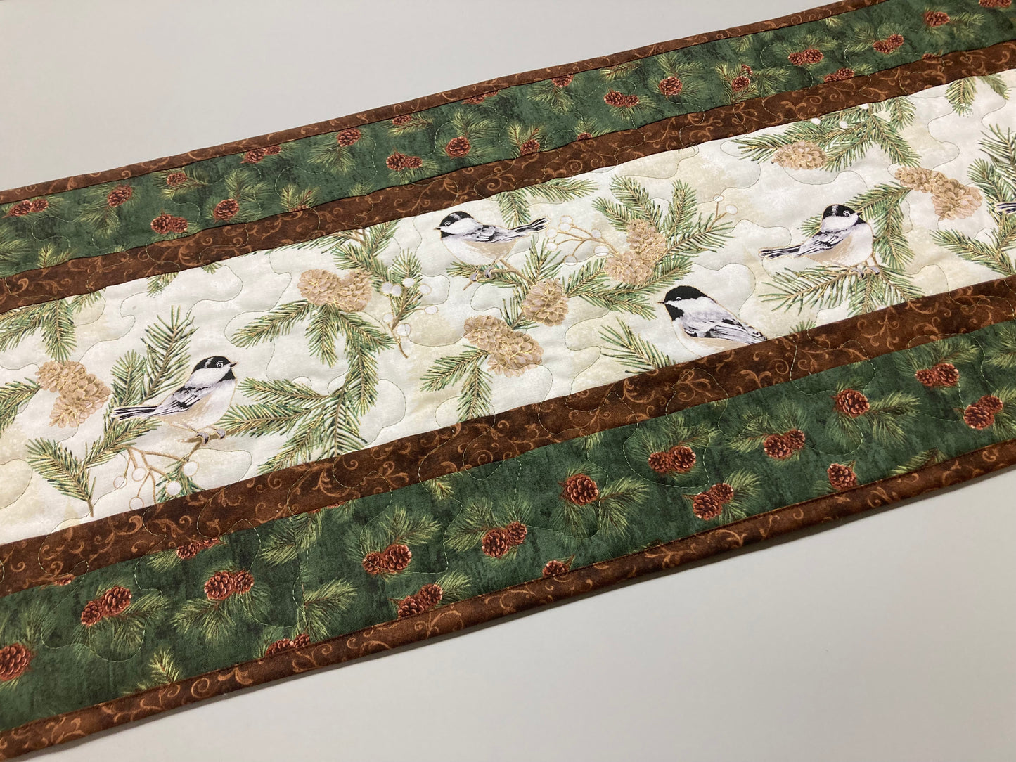 Pine Cone Mountain Chickadees Quilted Table Runner, 13x48", Reversible Fall Birds Buffet Coffee Dining Table Decor Winter Christmas Everyday