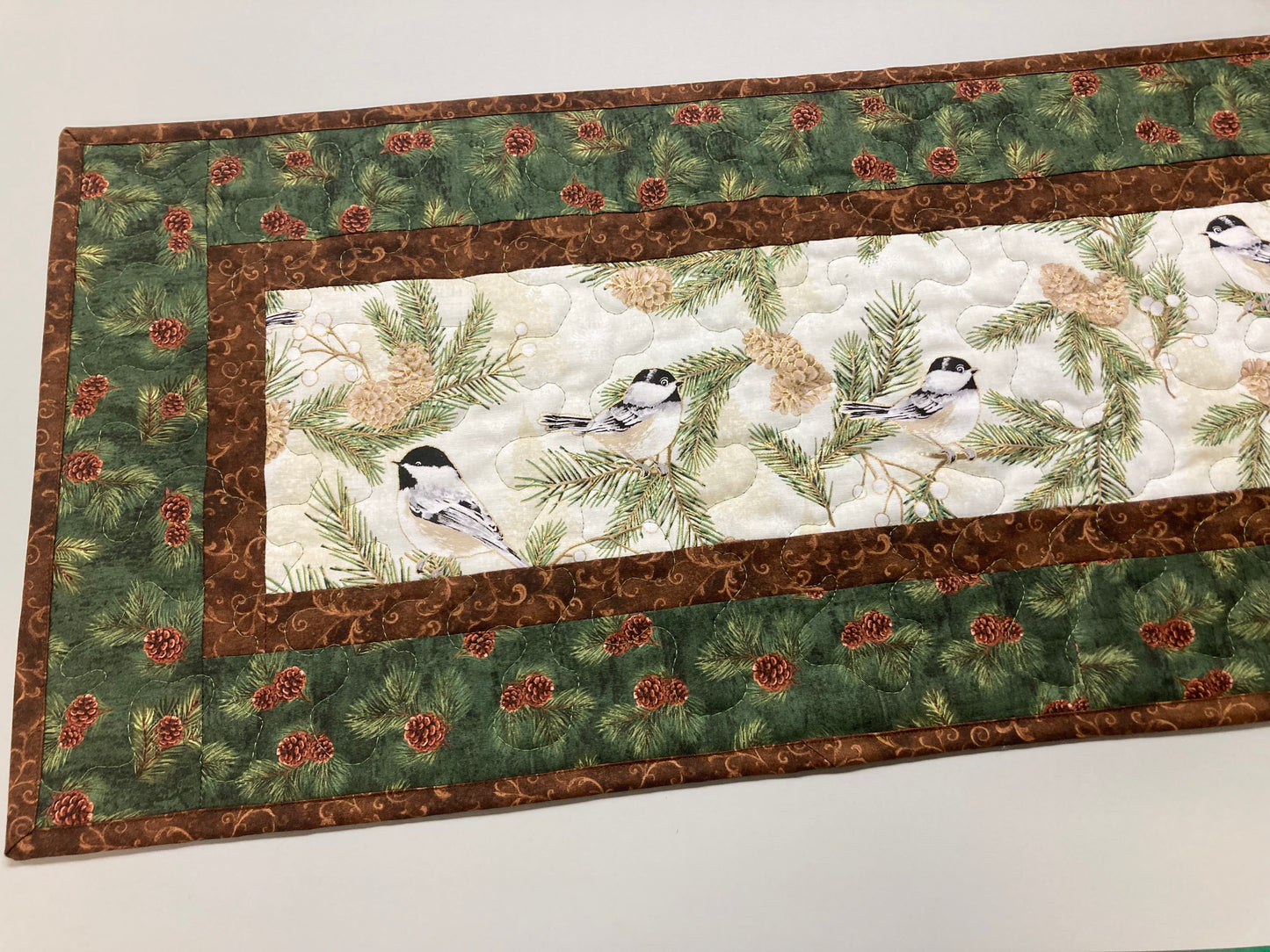 Pine Cone Mountain Chickadees Quilted Table Runner, 13x48", Reversible Fall Birds Buffet Coffee Dining Table Decor Winter Christmas Everyday