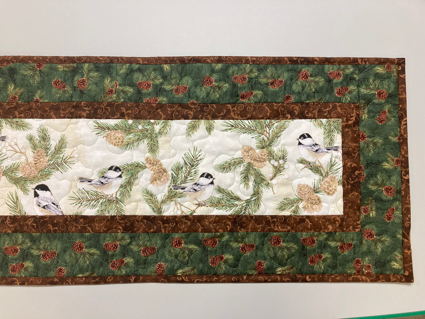 Pine Cone Mountain Chickadees Quilted Table Runner, 13x48", Reversible Fall Birds Buffet Coffee Dining Table Decor Winter Christmas Everyday