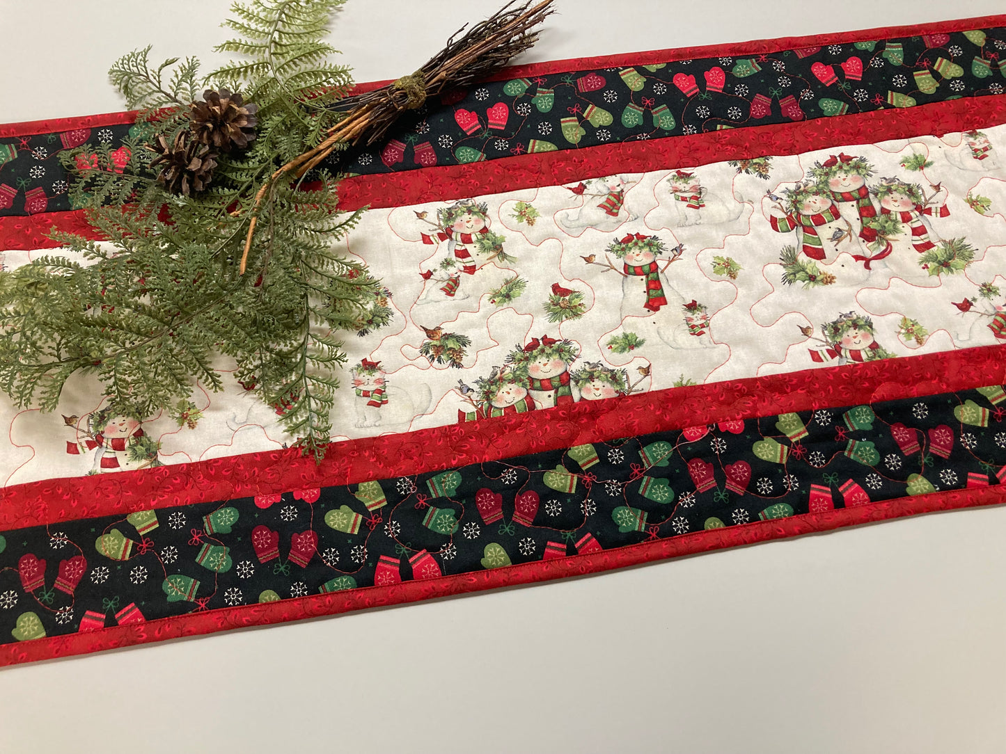 Snowman Christmas Winter Table Runner, 13x48" Quilted Reversible, Mittens Birds Cats Scarves Children Whimsical Dining Buffet Coffee Table