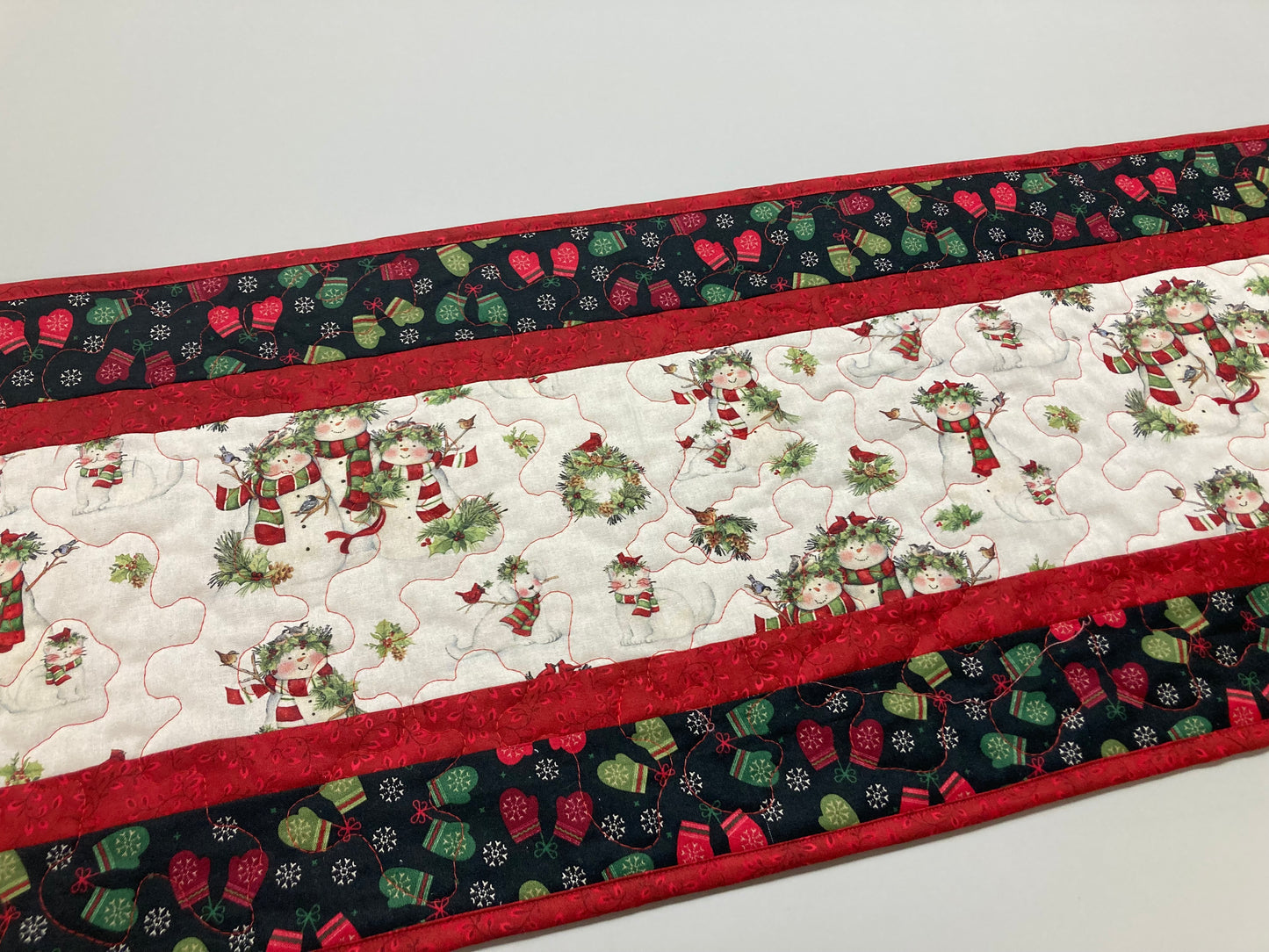 Snowman Christmas Winter Table Runner, 13x48" Quilted Reversible, Mittens Birds Cats Scarves Children Whimsical Dining Buffet Coffee Table