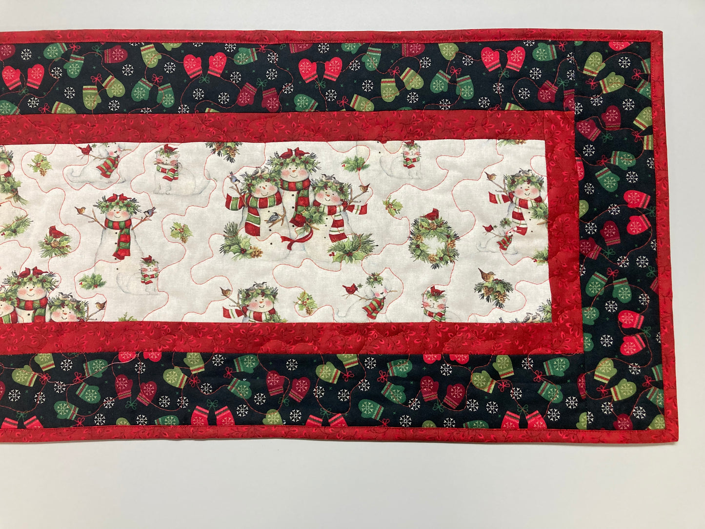 Snowman Christmas Winter Table Runner, 13x48" Quilted Reversible, Mittens Birds Cats Scarves Children Whimsical Dining Buffet Coffee Table