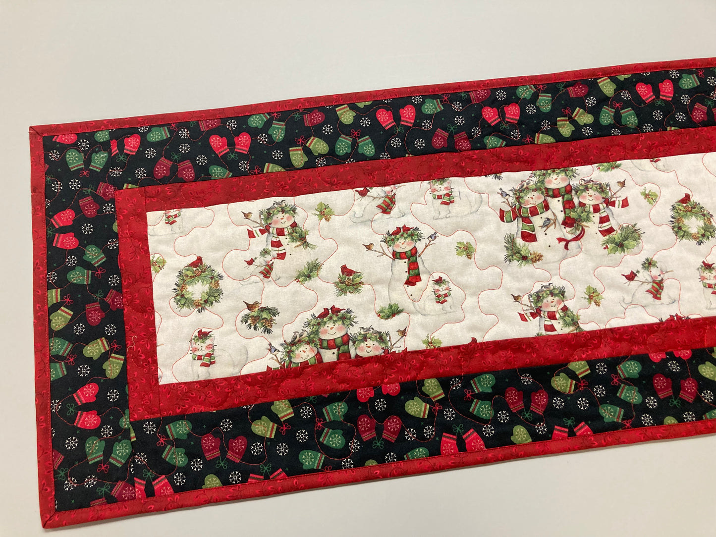 Snowman Christmas Winter Table Runner, 13x48" Quilted Reversible, Mittens Birds Cats Scarves Children Whimsical Dining Buffet Coffee Table