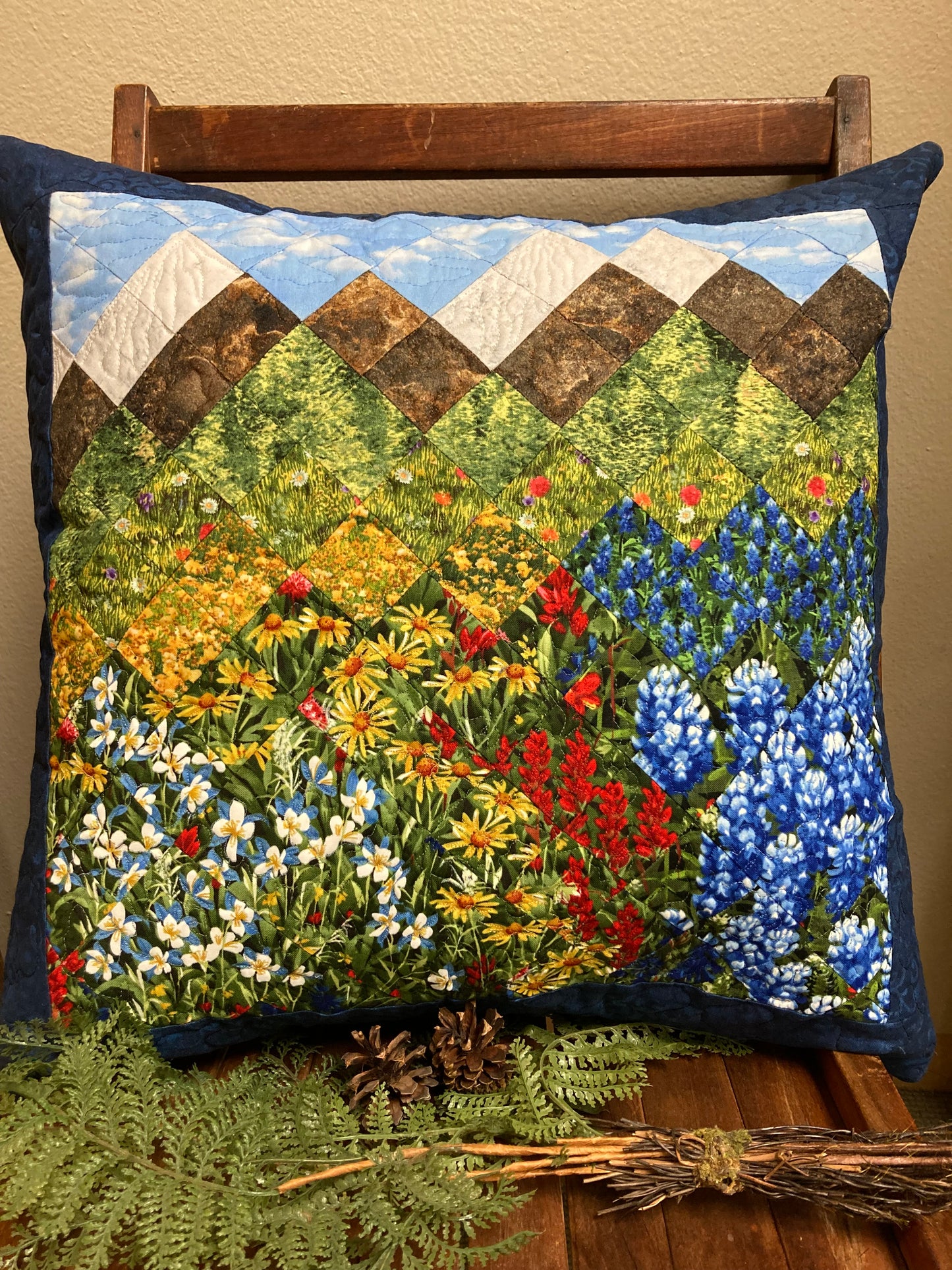 Mountain Decorative Pillow, Wildflowers Trees Mountain Sky Landscape Pillow 20x20", Cotton Lake Tahoe Cabin Lodge Decor, Texas Flowers