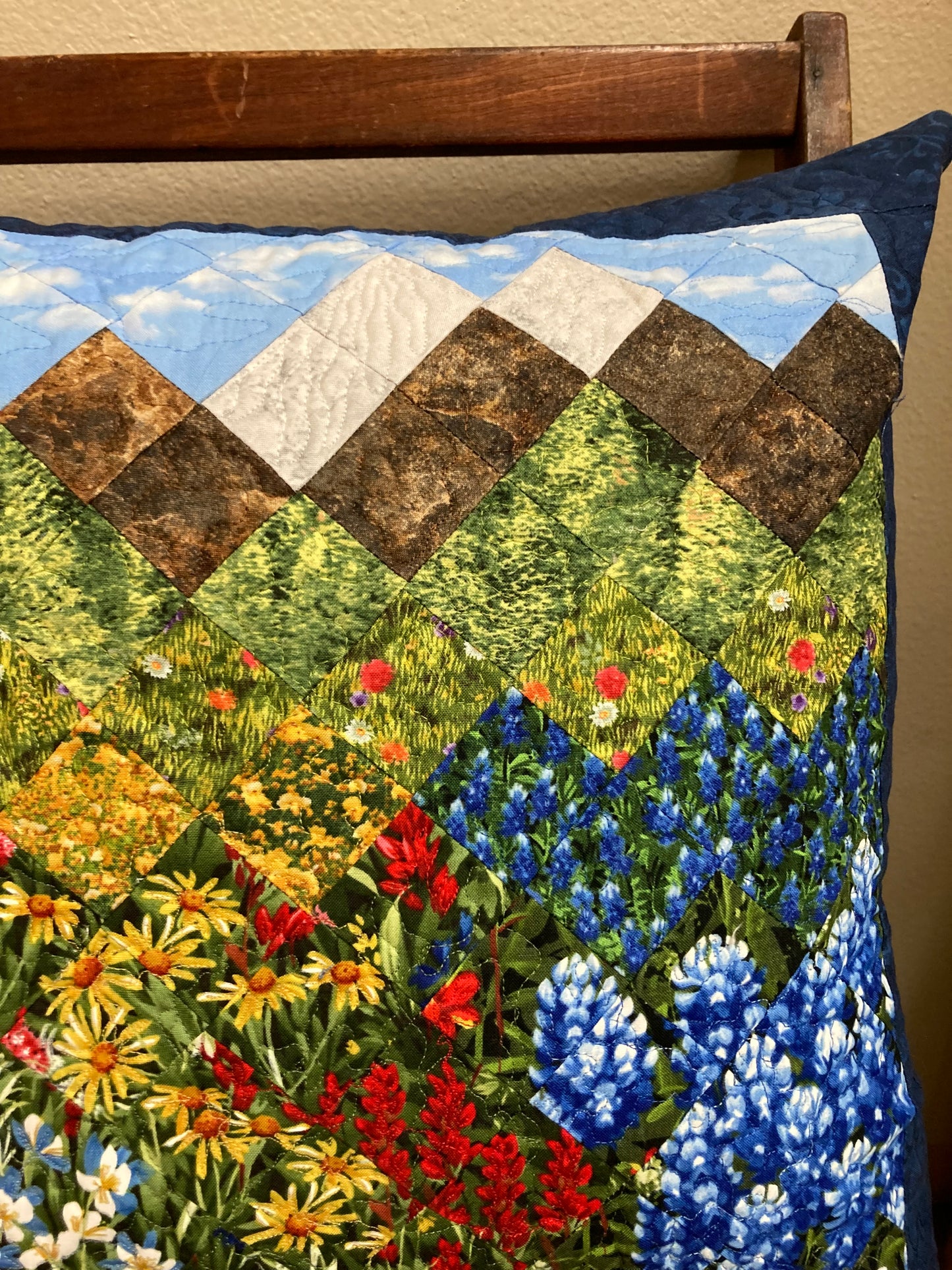 Mountain Decorative Pillow, Wildflowers Trees Mountain Sky Landscape Pillow 20x20", Cotton Lake Tahoe Cabin Lodge Decor, Texas Flowers