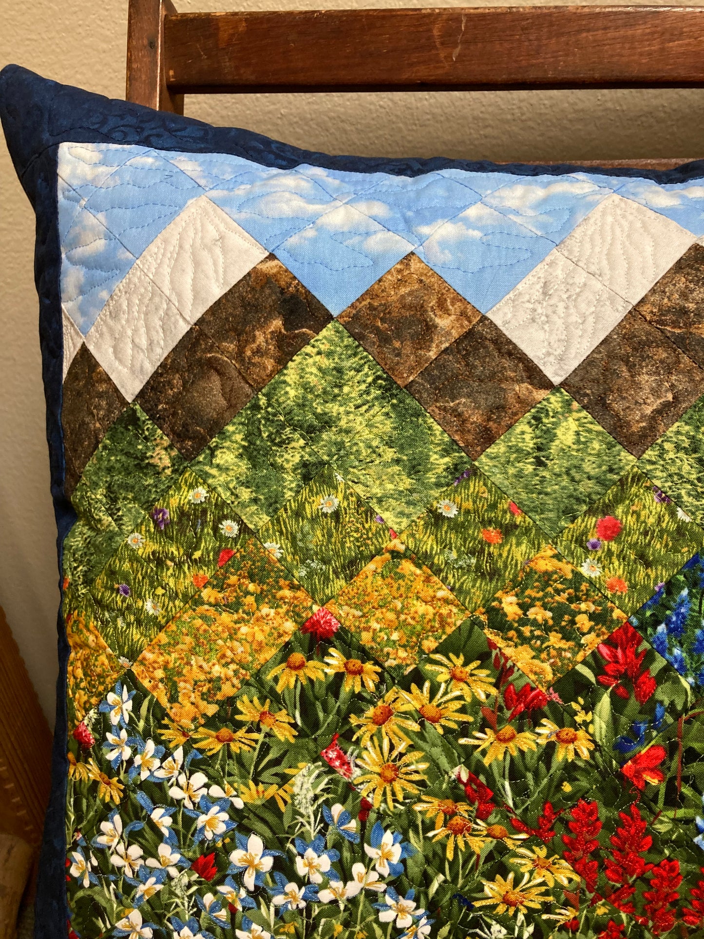 Mountain Decorative Pillow, Wildflowers Trees Mountain Sky Landscape Pillow 20x20", Cotton Lake Tahoe Cabin Lodge Decor, Texas Flowers