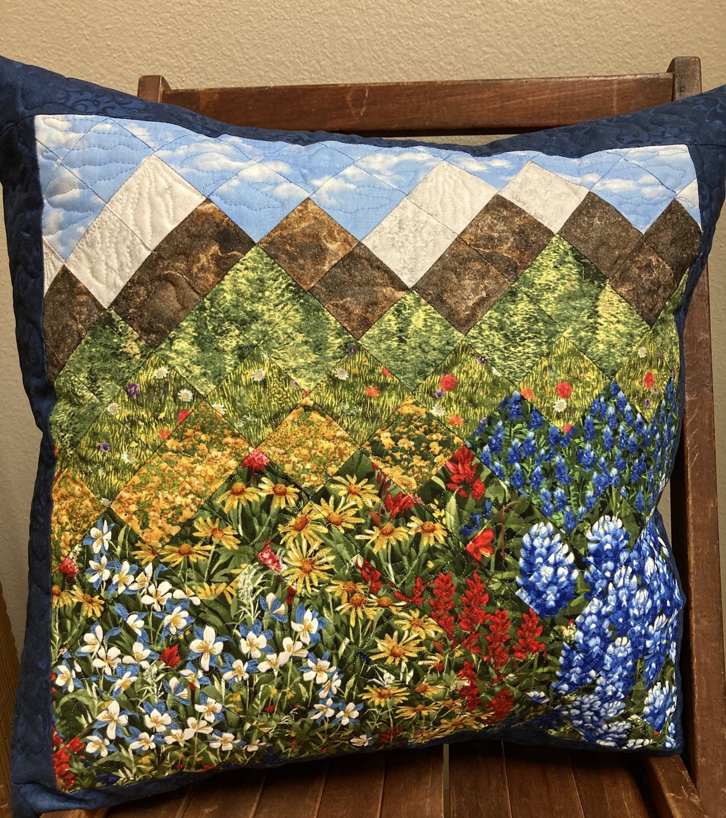 Mountain Decorative Pillow, Wildflowers Trees Mountain Sky Landscape Pillow 20x20", Cotton Lake Tahoe Cabin Lodge Decor, Texas Flowers