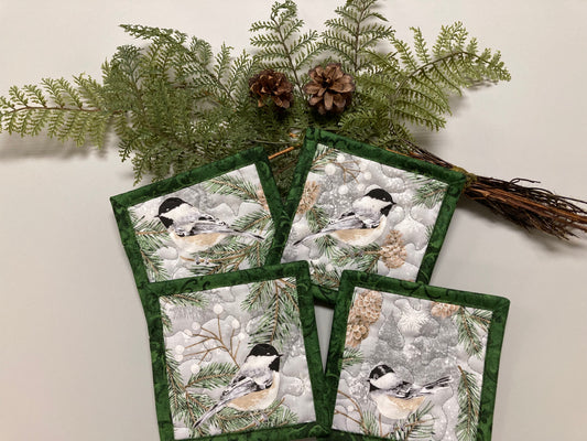 Mountain Chickadees Pine Cones Fabric Quilted Drink Coasters, 5x5", Hot Cold Coffee Tea, Lake Tahoe Everyday Woods Large Mug Rugs Snack Mats