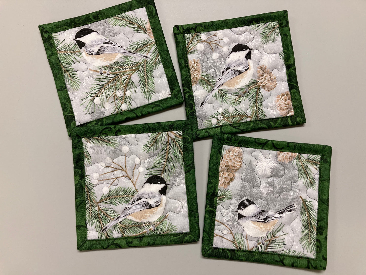 Mountain Chickadees Pine Cones Fabric Quilted Drink Coasters, 5x5", Hot Cold Coffee Tea, Lake Tahoe Everyday Woods Large Mug Rugs Snack Mats