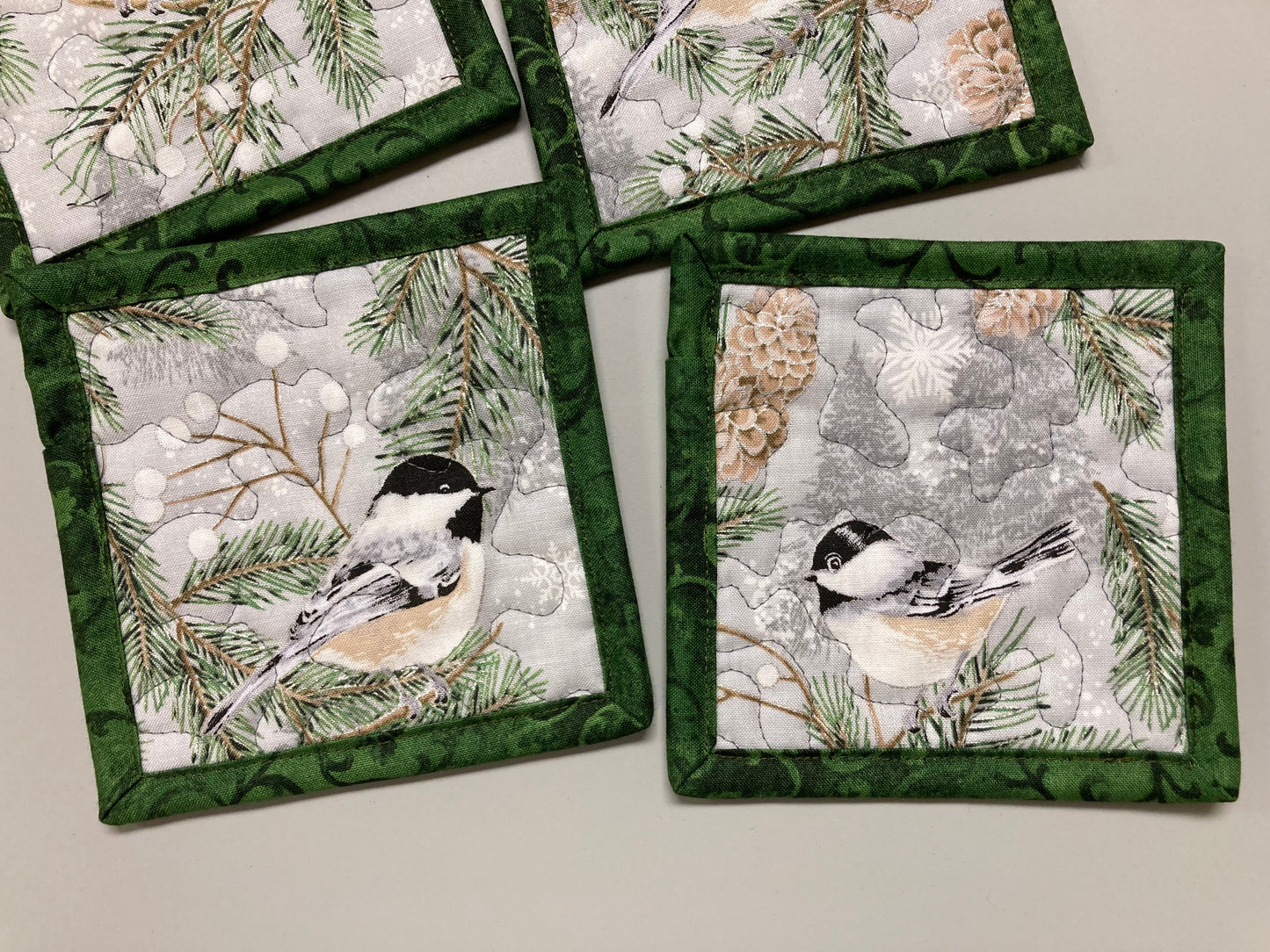 Mountain Chickadees Pine Cones Fabric Quilted Drink Coasters, 5x5", Hot Cold Coffee Tea, Lake Tahoe Everyday Woods Large Mug Rugs Snack Mats