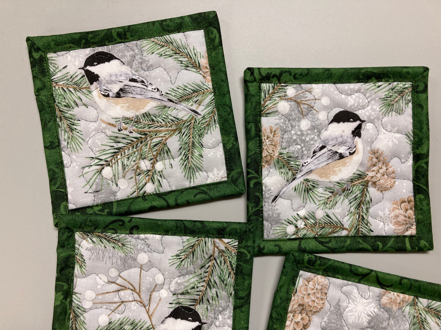 Mountain Chickadees Pine Cones Fabric Quilted Drink Coasters, 5x5", Hot Cold Coffee Tea, Lake Tahoe Everyday Woods Large Mug Rugs Snack Mats