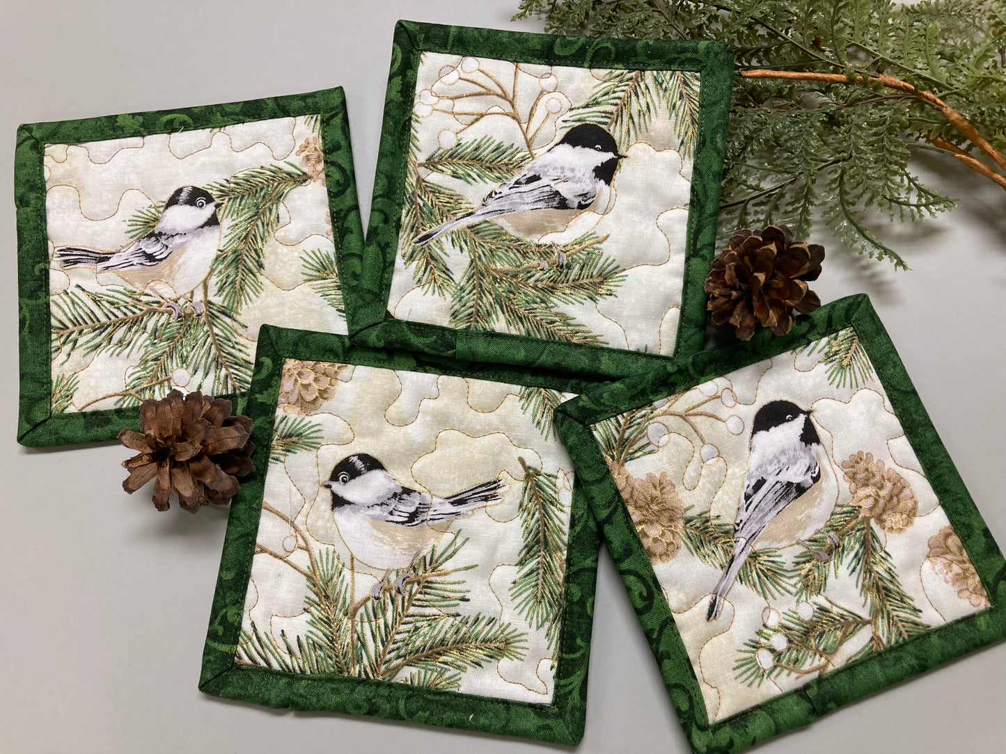 Mountain Chickadees Pine Cones Fabric Quilted Drink Coasters, 5x5", Hot Cold Coffee Tea, Lake Tahoe Everyday Woods Large Mug Rugs Snack Mats